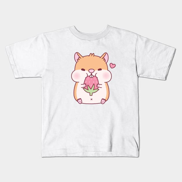 Cute Chubby Hamster Munching On Strawberry Kids T-Shirt by rustydoodle